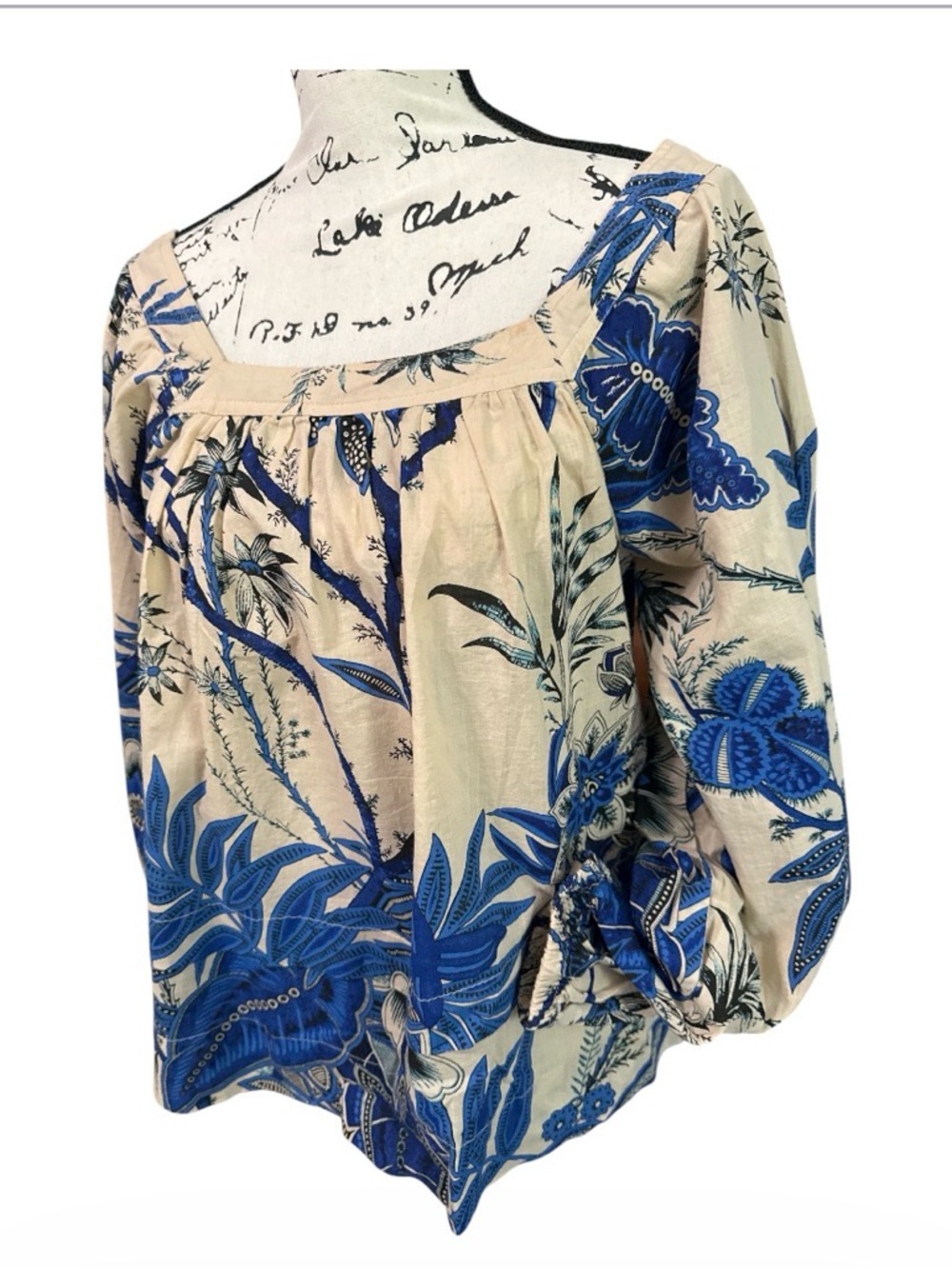 Elie Tahari Boho Floral Square-Neck Peasant Blouse Cream Blue women’s size M